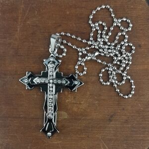 Mens Stainless Steel Black Silver Cross Pendant Necklace